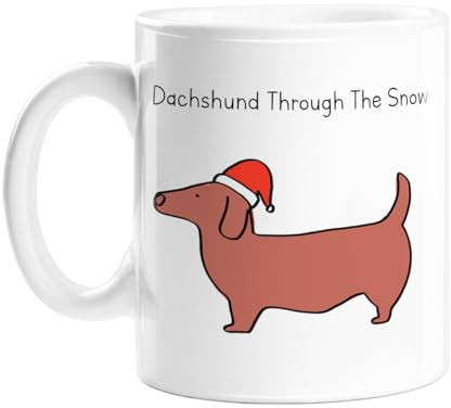 Tasse en céramique motif teckel à travers la neige | Chien saucisse dans un chapeau de Père Noël Doodle Tasse de Noël Secret Santa Cadeau de Noël teckel Pun, pour les amoureux des chiens