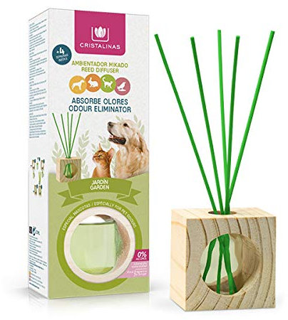 CRISTALINAS. Ambientador & Absorbe Olor Mikado para Mascotas. 0% Alcohol. Mas de 4 semanas de duración. Aroma Jardín. (2x30ml)