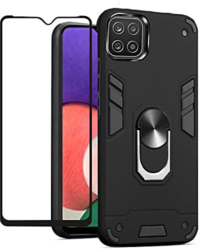 Folmecket Coque de téléphone pour Samsung Galaxy A22 5G, avec Film Protecteur d'écran Rotatif à 360 Degrés Anneau en Métal Absorption des Chocs Coins Renforcés TPU pour Galaxy A22 5G 6,6 Noir