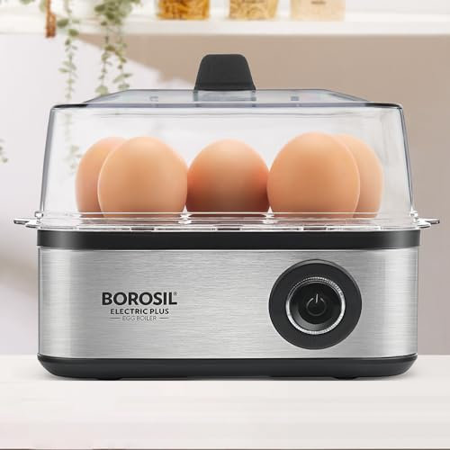 Borosil Caldera de huevo eléctrica Plus, cocinar hasta 8 huevos a la vez, para huevos duros, blandos, moderadamente cocidos, verduras al vapor, tapa transparente, exterior de acero inoxidable