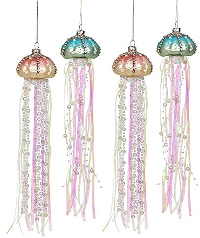 MISNODE 4 Stück Glasquallen dekorative hängende Ornamente, 36,7 cm Perlen, Quallen, Glas und Bänder, Feiertags-Ornamente, Perlenqualle, hängende Anhänger-Ornamente