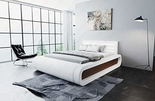 Boxspringbett Sorano Leder mit LED Licht Podest Hotelmatratze Lederbett in 140x200 160x200 180x200 200x200 200x220 (200 x 220 cm, Weiß-Dunkelbraun)