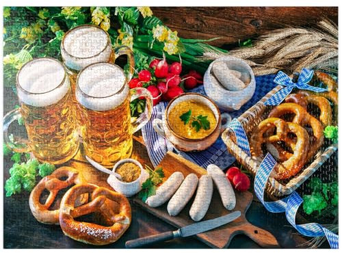 Oktoberfest Menu Bavarian Sausages with Pretzels Sweet Mustard and Beer Mugs - Premium 1000 Piece Jigsaw Puzzle for Adults