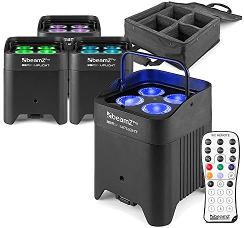 beamz BBP54 Wireless Uplighters Weatherproof Lighting Kit - 4x Battery Powered Uplights with RGBAW-UV LEDs, Wireless DMX, Remote Control & Transport Case for Event & Stage Lighting