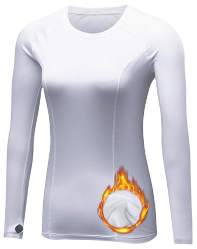 TERODACO Base Layer Women Thermal Thumbhole Gym Top Women Long Sleeve Compression Womens Sports Top for Running Yoga Ski,Breathable Quick Dry Soft 5021 White L