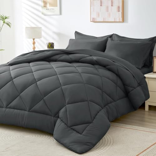 HEVUMYI Queen-Size-Bettwäsche-Set – Dunkelgrau, 8-teiliges Bett in einer Tasche, alle Jahreszeiten, Bettrock, Kissenbezüge und Kissenbezügen – Dunkelgrau