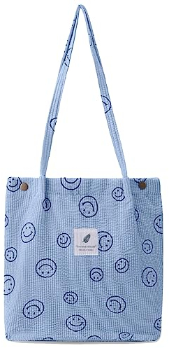 HIMS Preppy Smiley Face Einkaufstasche, Cord-Einkaufstasche Ästhetische Smiley Niedliche Tragetaschen Handtasche Schultertaschen Teenager Mädchen Trendige Sachen, L-04, L