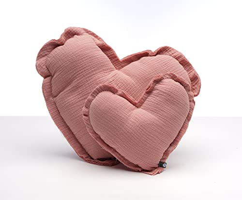 von Herzen Handmade Musselinkissen aus 100% Baumwolle Kuschelkissen I Dekokissen auf Musselin in Herzform I Herzkissen für Sofa & Bett I Handgenäht (Groß (Ø ca. 32cm), Altrosa)