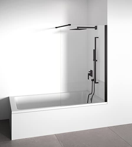 Paroi de baignoire frontale avec panneau fixe - Transparente - Verre trempé 6 mm Anticalcaire inclus - Profilés Noir Mat - Largeur 90 cm - Hauteur 145 cm