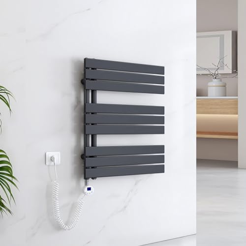 EMKE Handtuchheizkörper Elektrisch 762x600 mm, Badheizkörper Elektrisch mit Thermostat Elektrischer Handtuchwärmer Handtuchtrockner Handtuch Heizkörper Bad Handtuchhalter mit Heizstab Anthrazit 400W