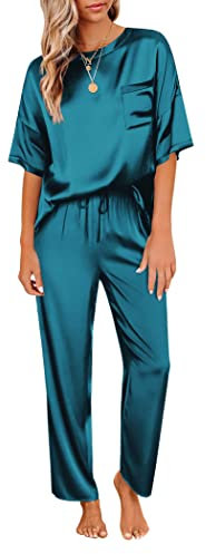 Ekouaer Pyjama Femme Chic Vetement en Satin Pantalon Femme Légère Ensemble Pyjama Soie Manche Courte, Bleu Canard, XXL