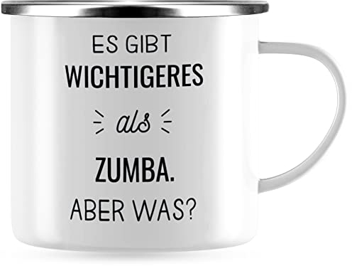 JUNIWORDS Emaille-Tasse, Es gibt wichtigeres als Zumba. Aber was?, Silberner Tassenrand (1009943)