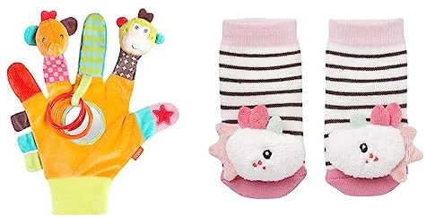 Fehn Spielhandschuh Safari – Fingerpuppen Baby Spielzeug AFFE und Elefant & Rasselsocken Baby Einhorn – Babysocken mit Rassel-Funktion und Einhorn-Köpfchen – Fördern Motorik & Sinne