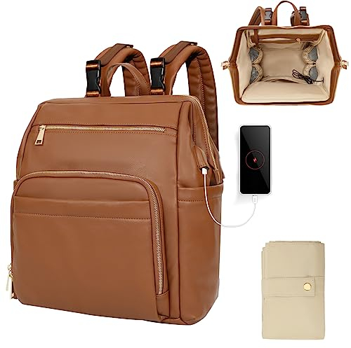 MISS FONG Wickeltasche Windelrucksack, großer Multifunktionaler Baby Windelrucksack aus Leder mit Tragbarer wickelrucksack groß, 2 isolierten Taschen, Kinderwagengurten für Mama und Papa – Braun