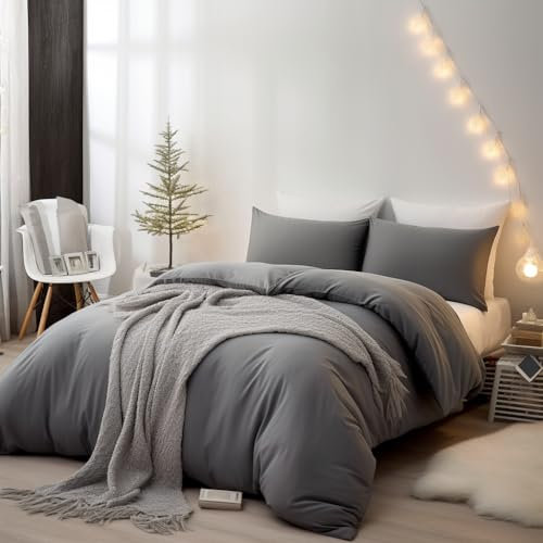AYSW Bettwäsche gebürstet Microfaser 1 Bettbezug 200 X 200cm + 2 Kopfkissenbezug 40x80cmmit Reißverschluss Grau