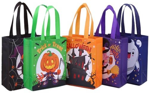 5 Stück Halloween Geschenktüten mit Griffen, Halloween Trick or Treat Taschen, Halloween Non-Woven Taschen Geschenken, Halloween Deko Kinderparty Tragetasche