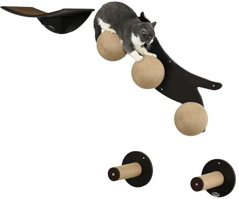 PawHut 4 Piece Wall Mounted Cat Shelves, Cat-Shaped Platform with Three Scratching Balls, Cat Wall Furniture with Scratching Posts - Brown
