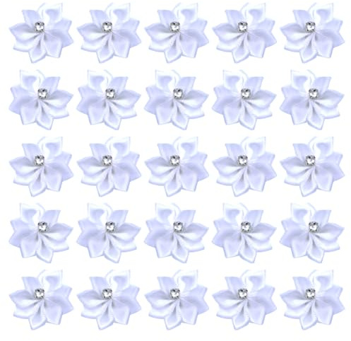 JIHUOO 50 Stück kleine Satinband-Blumen, Basteln, Nähen, Blumen, Verzierungen, Haarschleifen, Stoffblumen, Applikation für Kleider, Dekoration, mit Strass, Weiß