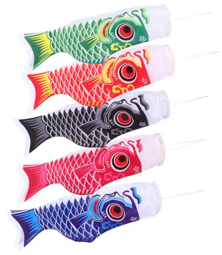 Angoily 5PCS Karpfen Fisch Windsack Traditionellen Japanischen Stil Wind Directional Fisch Anime Satin Flagge Zeichen Hängen Segelfisch Willkommen Banner für Home Shop 55cm