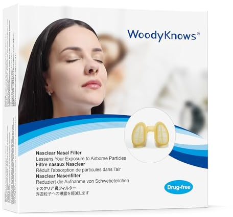 Filtri nasali WoodyKnows Nasclear, modello 2024, per le allergie stagionali e l'inquinamento industriale, per i trasporti pubblici e per la toelettatura (XL, 3 Filtri + 24 Sostituzioni)