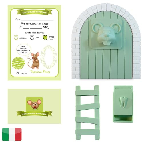 MFS MYFUTURSHOP Myfuturshop® Topolino dei denti Magische Tür, Zahnbox, Leiter, 4 Clean Tooth-Zertifikate. Originelles Geschenk für Jungen und Mädchen. ITALIENISCHE Version (GRÜN)