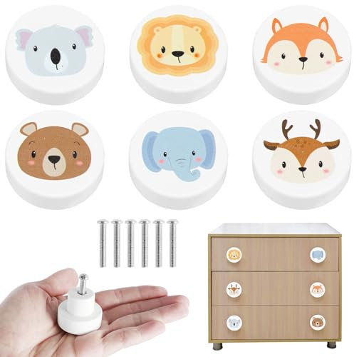 6PCS Wooden Drawer Knobs Cute Animals Cabinet Knobs with Screws Round Cupboard Dresser Handle Furniture Pull Handle for Kids Room Nursery Cabinet Closet Decorative Wood Handle for Kids Bedroom