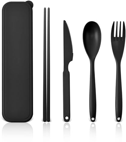 IDISON Grande set di posate da campeggio per 1 persona, con valigia, posate da viaggio, cucchiaio, coltello, forchetta, astuccio, set di utensili scuri portatili per adulti e esterni (nero)