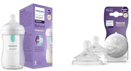 Philips Avent Biberon à Réponse Naturelle de 260 ml avec valve AirFree & Avent Lot de 2 tétines pour biberon à Réponse Naturelle 0% BPA, Débit 4 pour Bébé de 3 mois + (modèle SCY964/02)