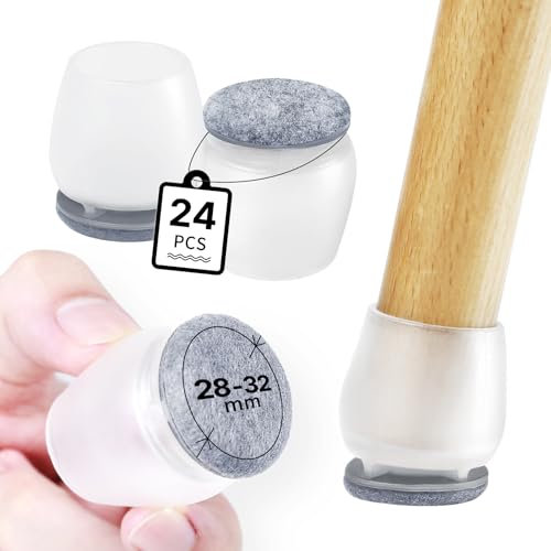RCHYFEED Schutzkappen für Stuhlbeine, 24 Stück Transparente Stuhlbeinkappen mit grau Filz für gerade und schräge Stuhlbeine, Stuhlbeinschoner Geräusche und Kratzer Beseitigen (Rund,28-32mm)