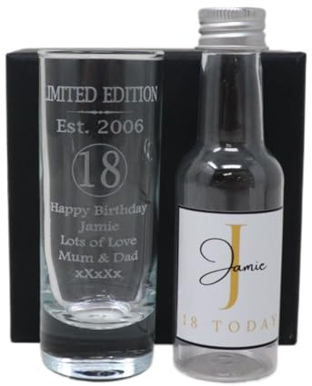 Laser Engraved Est 2006 18th Birthday Shot Glass Set with Personalised Gold Initial Miniature Alcohol Bottle Gift For Son or Daughter | Girls & Boys (Vodka/No Gift Box) 37.5% vol