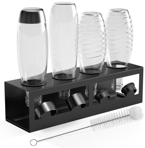 HOMMAND Flaschenhalter für SodaStream Crystal und Emil Flaschen, Edelstahl Flaschenhalter Abtropfgestell Abtropfständer für 4 Flaschen, mit Silikonschutzringe Abtropfschale und Deckelhalter Schwarz