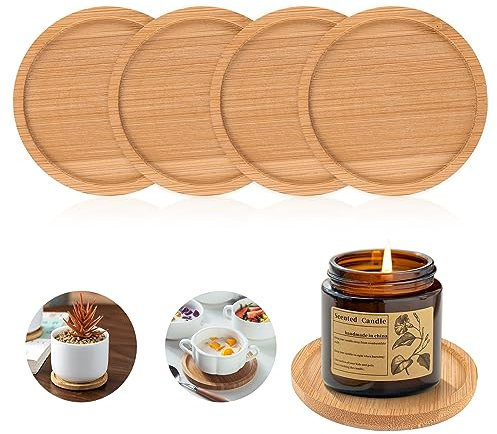COEKI 4 Stück Kerzenteller Holzplatte Holz Kerzenteller, Runde Holzuntersetzer für Stumpenkerzen bis 8 cm Durchmesser, Unterteller Holz für Stumpenkerzen Taufkerzen Untersetzer Teller