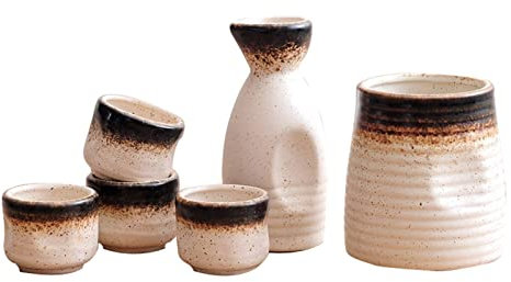 Juego de 6 piezas de sake con calentador, minijuegos de sake de cerámica tradicionales con botella para servir sake, botella de sake, 4 tazas de sake y calentador para sake frío, cálido y calient