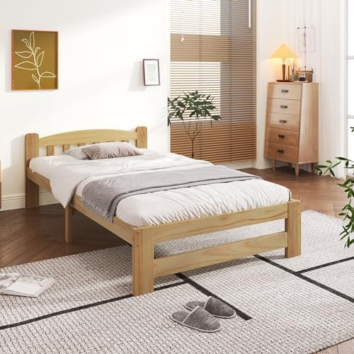 MURUL Solide Massivholzbett Futonbett, Einzelbett, Massivholz Natur Bett mit Kopfteil und Lattenroste, Erwachsenenbett, Jugendbett, Natur (90x200cm)