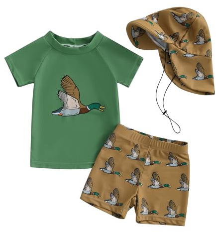 Maillot de Bain Bébé Garçon 3 Pièce Anti UV T-Shirt Manches Longues + Short de Bain + Chapeau de Soleil Costume de Bain Piscine Nataiton Plage (Vert Canards, 18-24 Months)
