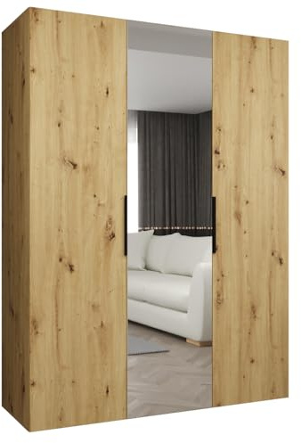 MEBLE KRYSPOL - Kleiderschrank mit Spiegel - Drehtürenschrank - Schrank 150x202x52cm - Garderobenschrank Schlafzimmer, Flur, Jugendzimmer - Farbe Artisan Eiche, Griff Schwarz - Marbella 2 150