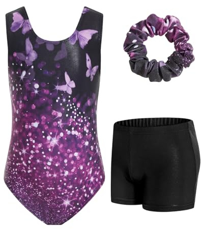JiAmy Turnanzug Mädchen mit Rückenausschnitt, Schimmernd Gymnastikanzug Mädchen mit Haarband und Shorts im Set Gymnastik anzug Kinder für 11-12 Jahre