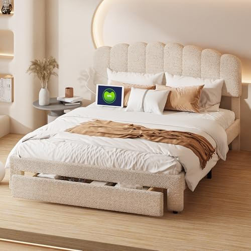 FEEOHOME Lit Double 160 x 200 cm, lit rembourré avec Rangement et tiroir, Cadre de lit avec sommier à Lattes, tête de lit réglable avec USB, pour Adulte Adolescent, Velours Nounours Beige