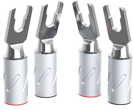 Monosaudio S900R HiFi High-End Lautsprecher Gabelstecker, 4 Stück | 99,998% Reines Kupfer Rhodiniert, 6mm/10AWG, Doppel-Schraubverriegelung, Spade Connector für Lautsprecherkabel bis 6mm