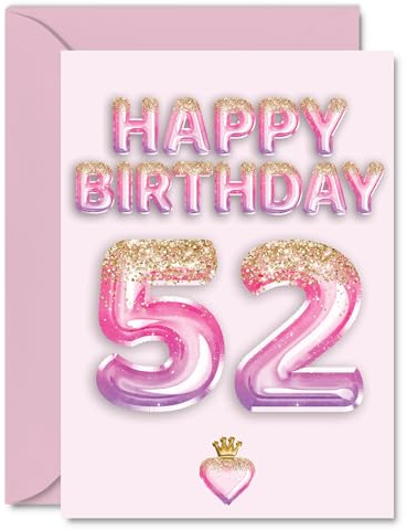 52nd Birthday Cards for Women and Men, Pink & Purple Glitter Balloons | Happy Birthday Card for 52 Year Old Man Woman Nan Colleague Nanny Brother, A5 Bday Greeting Cards