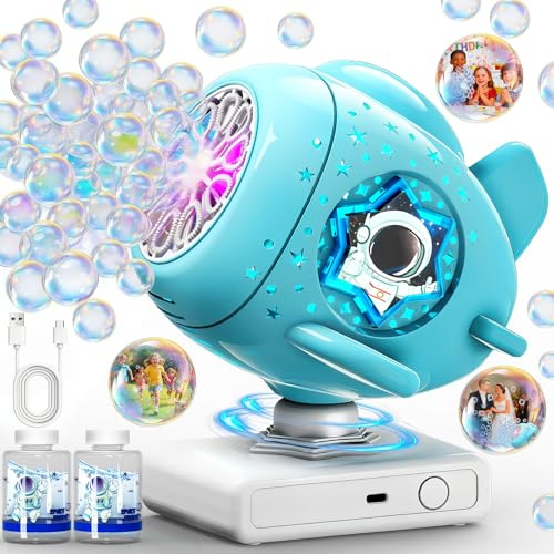 Sitodier wiederaufladbare Seifenblasenmaschine, um 360° drehbares Seifenblasenspielzeug mit Licht, Seifenblasenmaschine in Raumschiff-Form für Kinder und Kleinkinder, Geburtstag, Party, Hochzeit