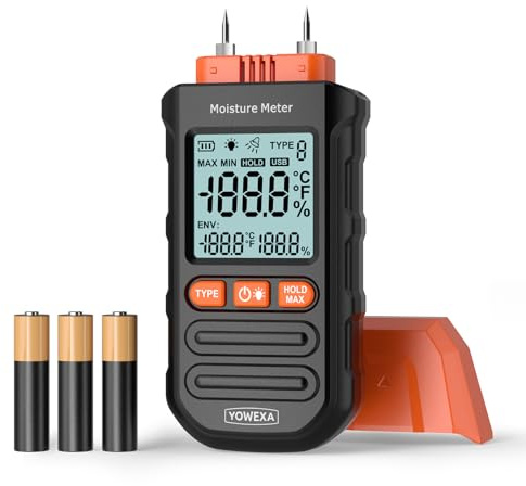 YOWEXA Testeur d'Humidité Professionnel 4-en-1 pour Bois et Mur avec Sonde Haute Sensibilité, Mesure Température/Humidité Ambiante, Écran LCD Rétroéclairé et Alarme Sonore