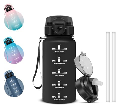 Grsta Gourde 500ml, Anti Fuite Gourde avec Paille, Gourdes avec Marqueur de Temps, Verrou de Sécurité, Bouteille d'eau Motivationnelle pour Voyages, Randonnée, Plein Air