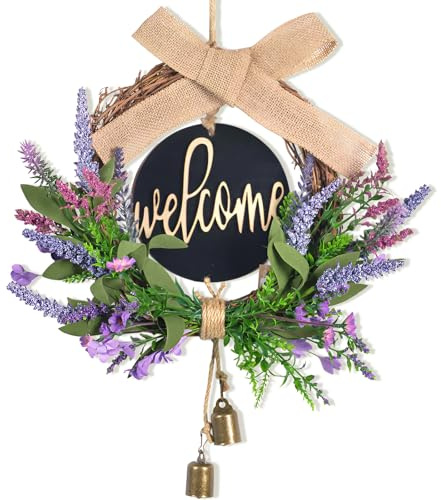 GZGXKJ Ghirlanda Porta Ingresso 40cm Lavanda Ghirlanda Primaverile | Decorazione Porta Ingresso, Con Cartello di Registro welcome, Archi e Campanelli Decorazioni Primavera Estate