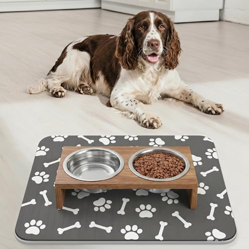 2PCS Dog Feeding Mat, 30x50cm Dog Food Water Bowl Mat | Pet Food Mat Diatomaceous Earth Anti Slip Rubber Absorbent(Grey)