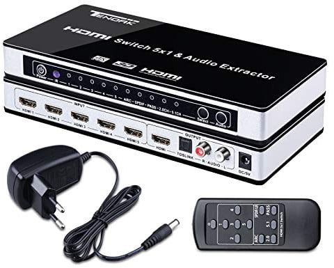 Tendak HDMI Switch, HDMI Umschalter 4K 5 Ports HDMI Verteiler HDMI Schalter 5 auf 1 mit SPDIF und L/R Audio Extractor mit Fernbedienung Unterstützt ARC UHD 3D
