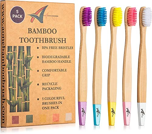 Bambus-Zahnbürsten für Erwachsene – BPA-freie mittelgroße Borsten – umweltfreundlich – biologisch abbaubarer Griff – plastikfreie Verpackung – Packung mit 5 natürlichen Bambus-Zahnbürsten, mehrfarbig