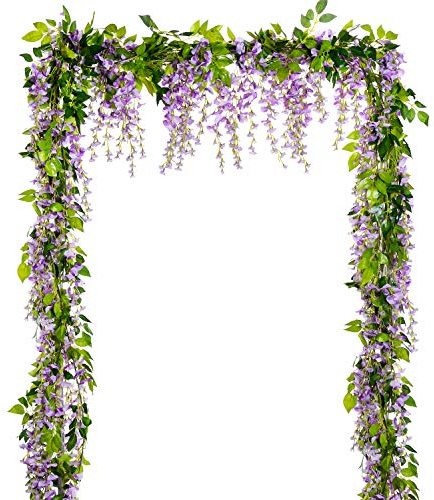 Lvydec Wisteria Artificial Flowers Garland, 4 Pcs Total 28.8ft Artificial Wisteria Vine Silk Hanging Flower for Home Garden Outdoor Ceremony Wedding Arch Floral Decor (Light Purple)