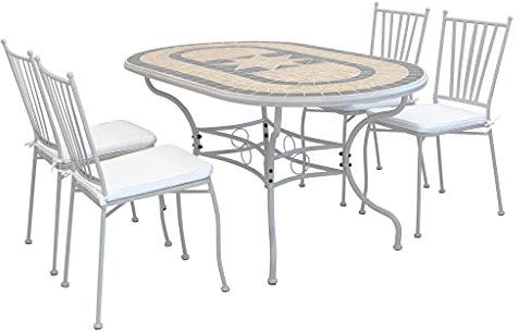 Set Tavolo Giardino Ovale Fisso con Piano in Mosaico 160 X 90 con 4 Sedie in Ferro Tortora per Esterno