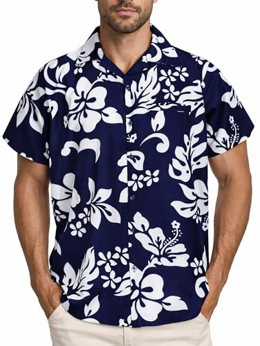 King Kameha Herren Hawaiihemd Kurzarm – Sommer Aloha Shirt mit Hibiskus-Print, leicht und pflegeleicht